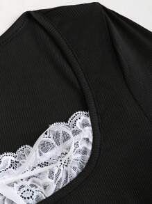 SHEIN Unity T-shirt casual à manches longues avec empiècement en dentelle et nœud devant pour femmes, printemps/été, Crop top noir à manches longues - Noir - Voir 5