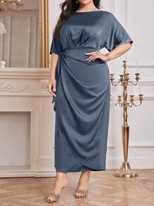 Modelyn Plus Size Women's Elegant Solid Color Round Neck Batwing Sleeves Side Knot Long Dress, Summer Long Evening Dresses - Dusty Blue - View 5