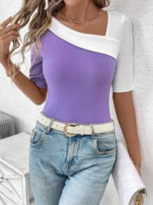 SHEIN Clasi Summer Women's Slim Fit Colorblock Asymmetrical Collar Short Sleeve T-Shirt