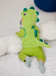 SHEIN 3 件套男婴荧光绿色可爱 3D 恐龙图案家居服套装，适合万圣节派对 - 綠色 - 查看 2