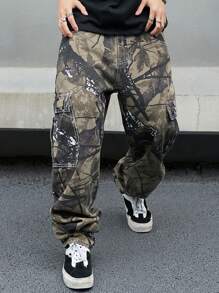 Manfinity EMRG Men's Loose Camouflage Printed Workwear Jeans With Pockets And Wide Leg - Multicolor - View 6