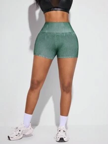 SHEIN Sports Short de fitness quotidien pour femme, taille haute, effet denim imprimé - Vert - Voir 3