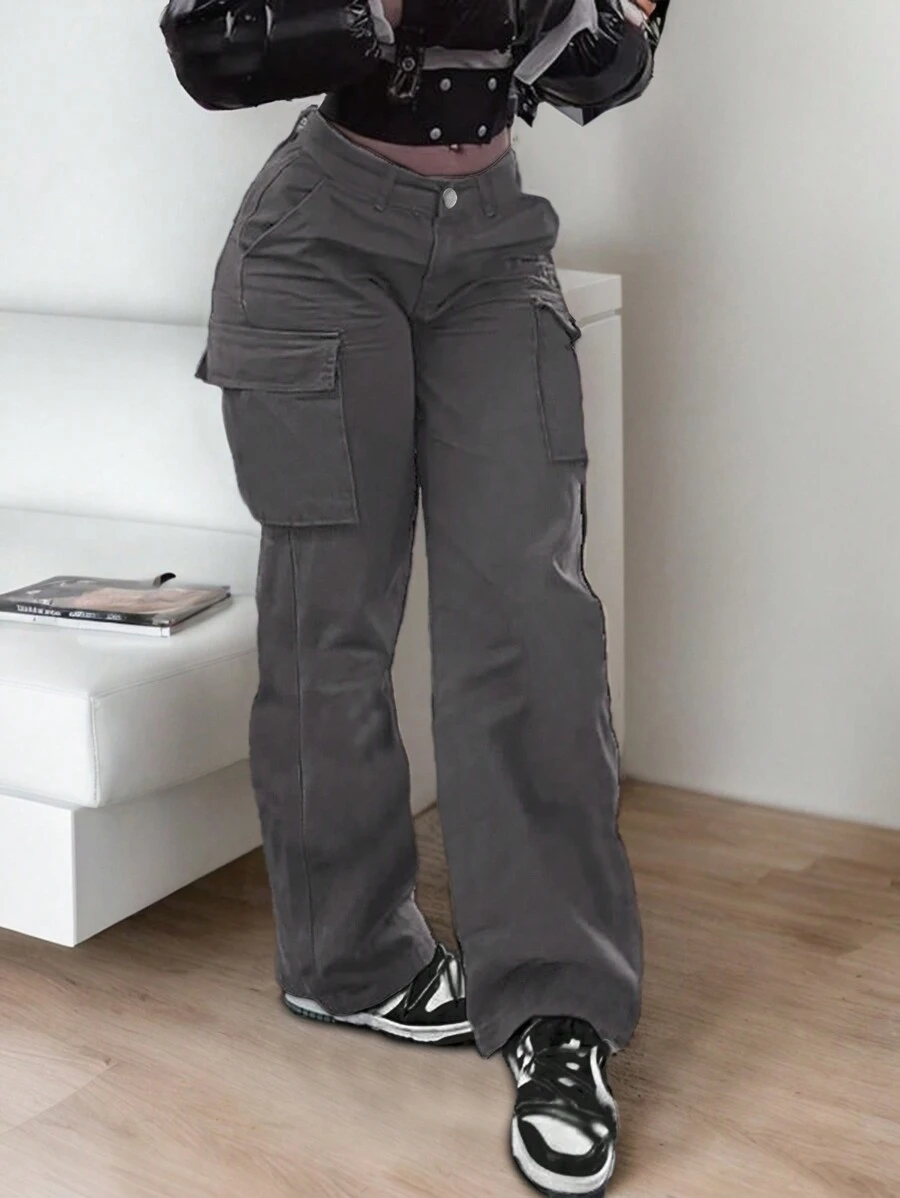 Casual Versatile Minimalist Solid Color Straight-Leg Cargo Pants Christmas Day - Xám - Xem 1