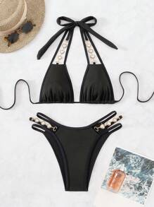 Bộ bikini dây dây chuyền hình trái tim đơn sắc đi biển mùa hè dành cho nữ - màu đen - Xem 7