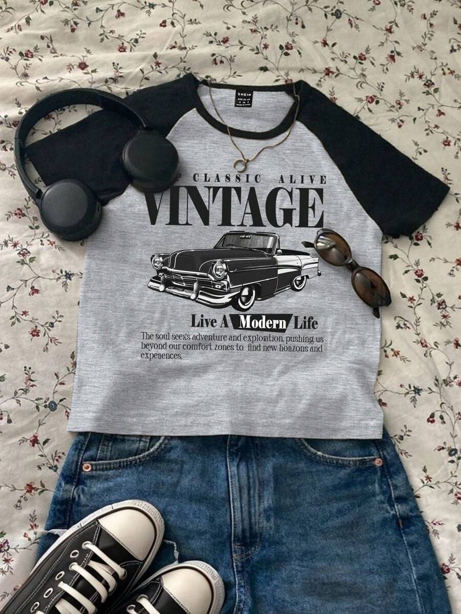 Attitoon 休闲简约汽车图案圆领短袖撞色修身短款上衣T恤，适合夏季 - 灰色 - 查看 1