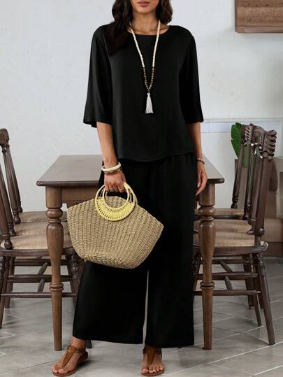 EMERY ROSE Elegant Solid Color Round Neck Medium Sleeve Top + Green Wide Leg Pants Women's 2-Piece Set