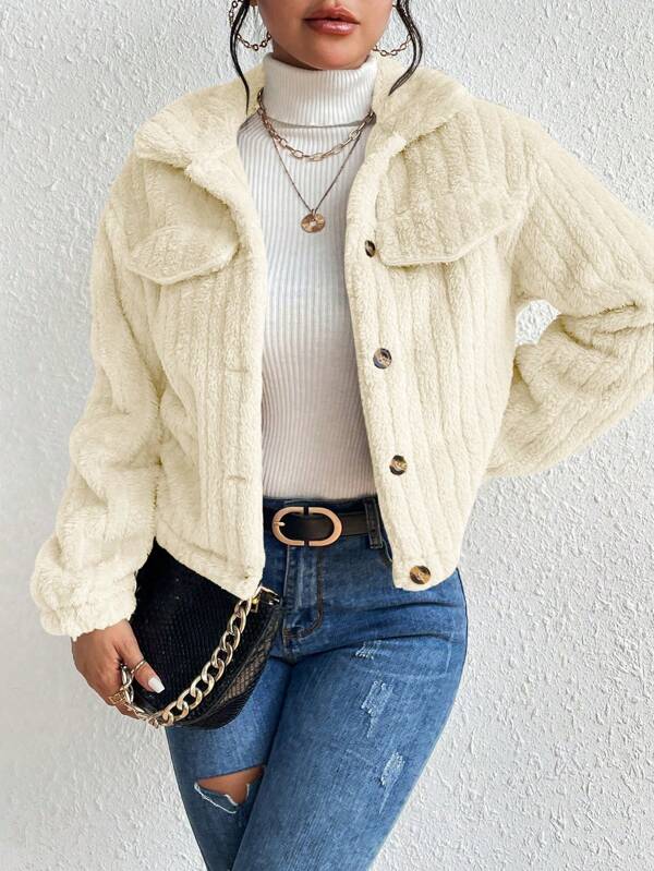 SHEIN LUNE Women's Autumn/Winter Solid Color Plush Casual Short Jacket With Long Sleeves