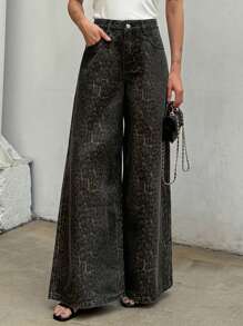 DAZY 女式豹紋寬腿休閒牛仔褲，附有口袋 - 卡其色 - 查看 2