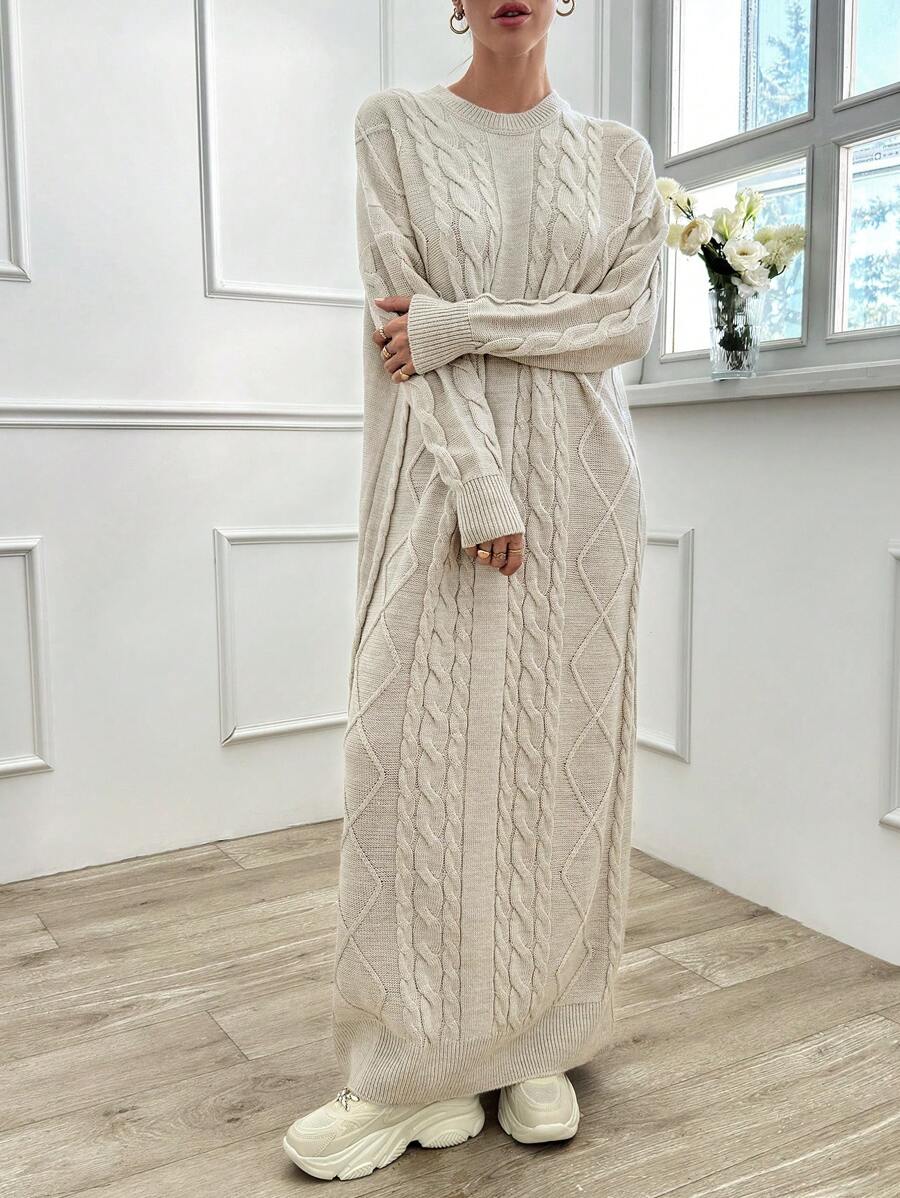 EURMUSE Cable Pattern Sweater Dress - Beige - View 1