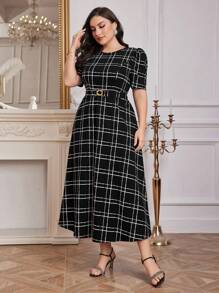Modelyn Women Belted Black And White Grid Plus Size Dress Long Dress, For Summer