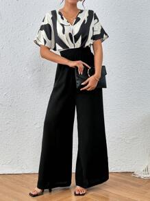 Chiquease Enterizo negro elegante con mangas cortas con impresión gráfica en contraste blanco y negro con corte aleatorio para el verano y escote en V - Albaricoque - Ver 5