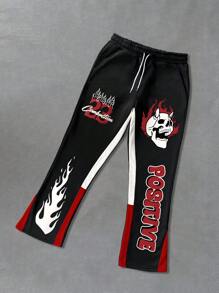 Manfinity EMRG Black Streetwear Color Block Skull Flame Printed Drawstring Jogger Pants, Graphic Sweatpants, Black And Red Sweatpants, Flame Sweatpants - Multicolor - View 3