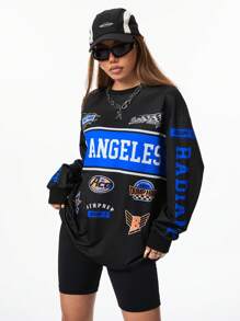 SHEIN Coolane Women's Vintage Back To School Football Street Cool T-Shirts, Y2K Fall Long Sleeve Loose Fit Tee With Sports Motorcycle Print - Black - View 6