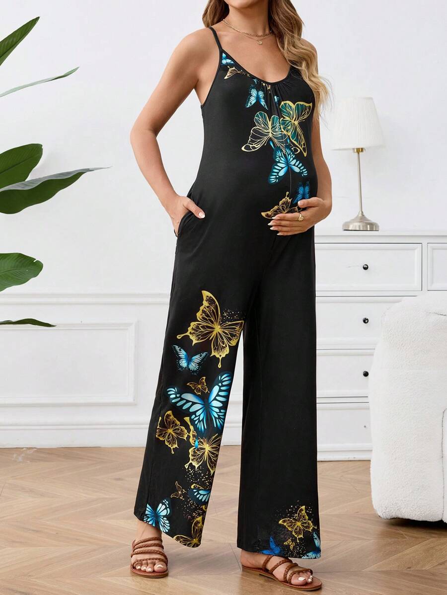 SHEIN 孕妇蝴蝶印花 V 领连体裤，配有口袋和细肩带 - 黑色 - 查看 1