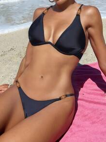 SHEIN Swim Einteiliger Bikini Set Einfarbig für Frauen, sexy und geeignet für Strand im Sommer, schwarz mit Unterstützung durch Bügel