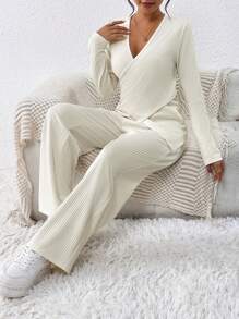 SHEIN LUNE 針織肋紋V領長袖上衣和寬腿褲套裝，交叉綁帶前胸設計 - 杏色 - 查看 5
