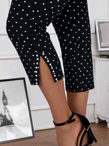 EMERY ROSE 大码女式波尔卡圆点印花侧开衩秋季紧身裤 - 黑色 - 查看 6