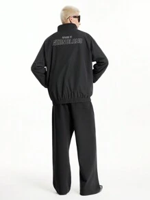 Manfinity VCAY Men's Street Style Woven Jacket With Ripped Holes, Reflective Stripes, Stand Collar, Zipper Front, Logo Ink Print, Long Sleeve, Suitable For Autumn And Winter - Black - View 3