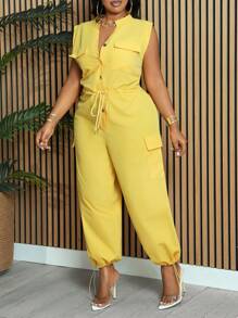 Slaydiva Plus Size Elegant & Daily Wear V-Neck Sleeveless Jumpsuit, Yellow. Featuring Drawstring Waist, Zipper Placket, Workwear Pockets, And Adjustable Cuffed Hem, Perfect For Spring/Summer. - Yellow - View 6