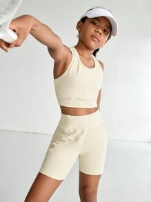 SHEIN Tween Girls Yoga Stretchy & Breathable Moisture Wicking Sleek Training Running Cycling Activewear Set, Beige - Khaki - View 3