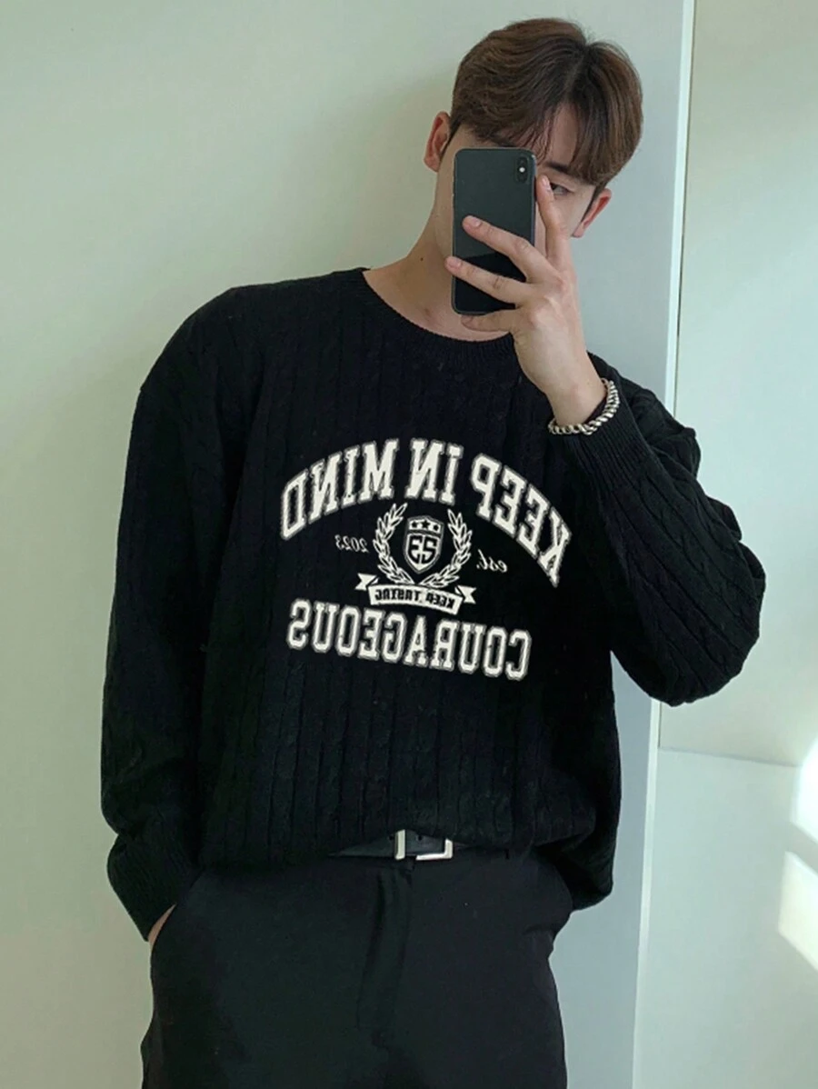 DAZY Men's Autumn Letter Printed Sweater - Black - View 1