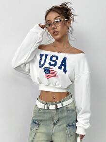 Flirla 女式美国国旗印花露肩长袖短款运动衫