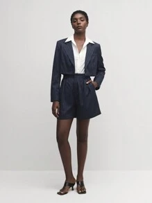 BizChic 女士商务办公工作服复古风格条纹短裤套装，秋季 - 藏蓝色 - 查看 6