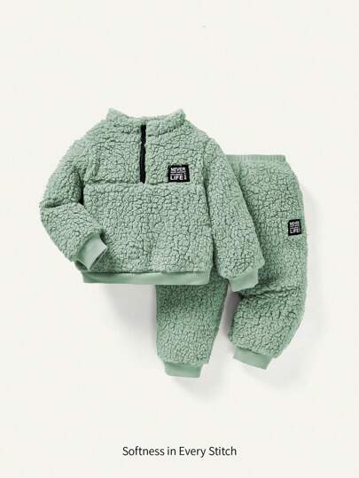 Cozy Pixies 男嬰立領墊肩抓絨衛衣+加厚褲兩件套