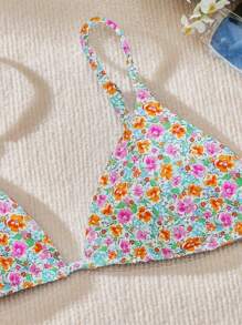 SHEIN Swim Women's Summer Beach Floral Printed Sexy Bikini Top