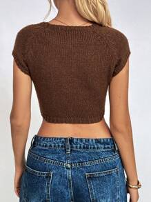 Lunelith SHEIN Lunessa ملابس علوية نسائي قصير الأكمام محبوك بأسلوب بسيط يومي وزخرفة على شكل عقدة الفراشة بلون صلب