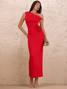 SHEIN BAE 夏季沙灘假期浪漫約會杏色不對稱直領純色褶皺性感高開叉3D花裝飾長裙女士款