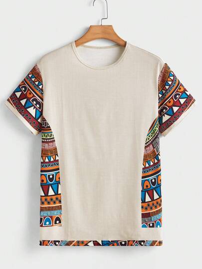 Manfinity Homme Men Geometric Print Round Neck Short Sleeve Holiday Casual T-Shirt For Summer, Vacation, Casual