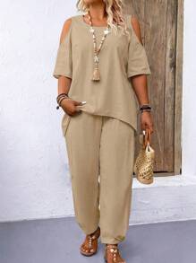 大码女式纯色简约日常穿搭一字肩上衣和长裤两件套