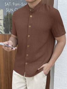Manfinity VCAY Áo sơ mi ngắn tay dệt cổ đứng màu trơn mùa hè dành cho nam - màu nâu - Xem 4