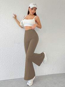 SHEIN Unity Pantalones acampanados de un solo color de uso diario simple para mujeres - Caqui - Ver 3