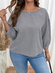 SHEIN Essnce 大码女装时尚返校服秋装女衬衫秋装教师服女复古服长袖格子衬衫休闲通勤秋季中长袖黑白格子宽松衬衫 - 黑與白 - 查看 5