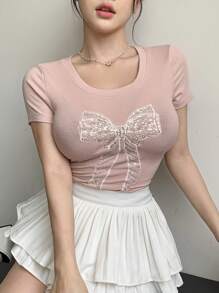 DAZY Women's Valentine's Pink Bow Decor Short Sleeve Tee Cute Tops