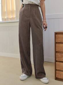 DAZY Women Striped Pleated Pocket Straight Leg Loose Casual Pants, Business Casual - Brown - View 1