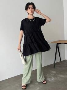 FRIFUL 女士纯色圆领荷叶边下摆短袖衬衫（夏季） - 黑色 - 查看 2