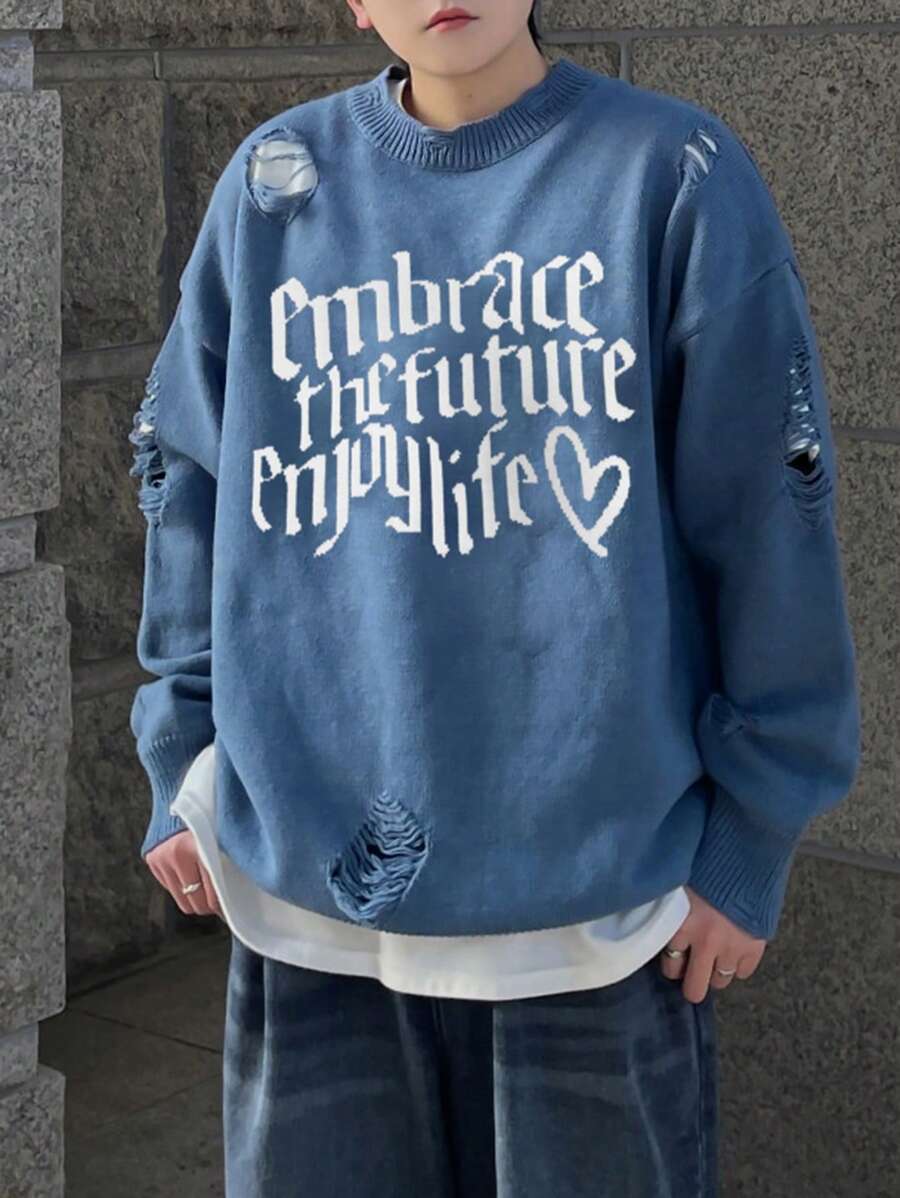 DAZY Pull à manches longues à la mode pour homme avec impression de lettres et détails vieillis pour l'automne - bleu indigo - Voir 1