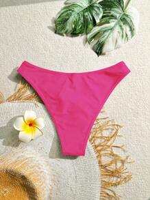 SHEIN Swim 女士纯色热粉色简约基本款比基尼泳裤，适合夏季海滩度假 - 玫紅色 - 查看 2