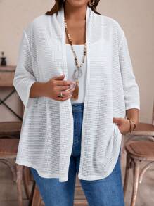 EMERY ROSE Plus Size Women's Spring And Autumn Solid Color Loose Open Front Casual Jacket With 3/4 Sleeves Winter Fall