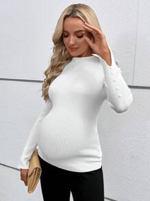 SHEIN 孕妇圆领开衩下摆修身长袖毛衣，适合冬季 - 白色 - 查看 2