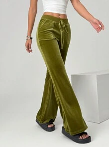 SHEIN EZwear SHEIN EZwear Women's Autumn Casual Retro Green Velvet Flared Pants