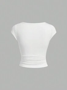 SHEIN Essnce 2 chiếc áo thun tay ngắn bó sát cạp chun đơn giản dành cho nữ - Màu xanh hải quân - Xem 4