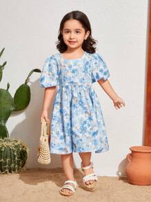 SHEIN Young Girl Woven Ditsy Floral Loose Fit Casual Vacation Dress With Round Neckline And Puff Sleeves