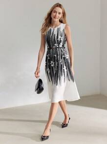 MOTF PREMIUM FLORAL PRINT SLEEVELESS FLARE HEM BELTED DRESS - Black and White - View 7