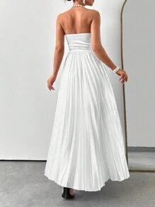 EURMUSE Váy quây màu sắc thanh lịch Corset eo xếp li chắp vá - trắng - Xem 3