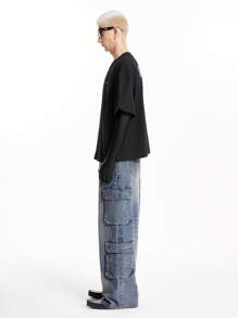 Manfinity Roghcode Men's Deep Blue Vintage Washed Denim Workwear Cargo Jeans With Multiple Pockets - Dark Wash - View 5