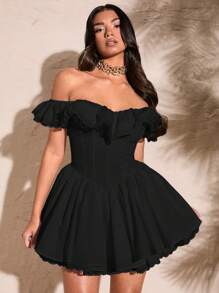 SHEIN BAE Mùa Hè Trắng Gợi Cảm Ngọt Ngào Lệch Vai Ren Cánh Hoa Tay Màu Xù Áo Viền Ren Người Yêu Đầm Nữ - màu đen - Xem 6